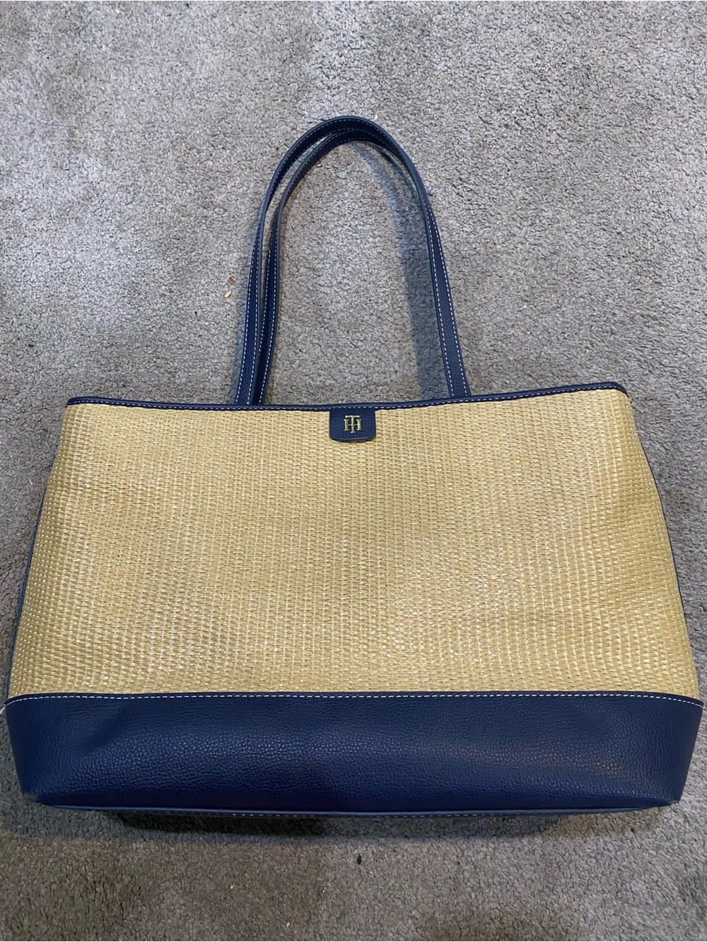 Tommy Hilfiger Natural Straw and Navy Leather-Trim Tote